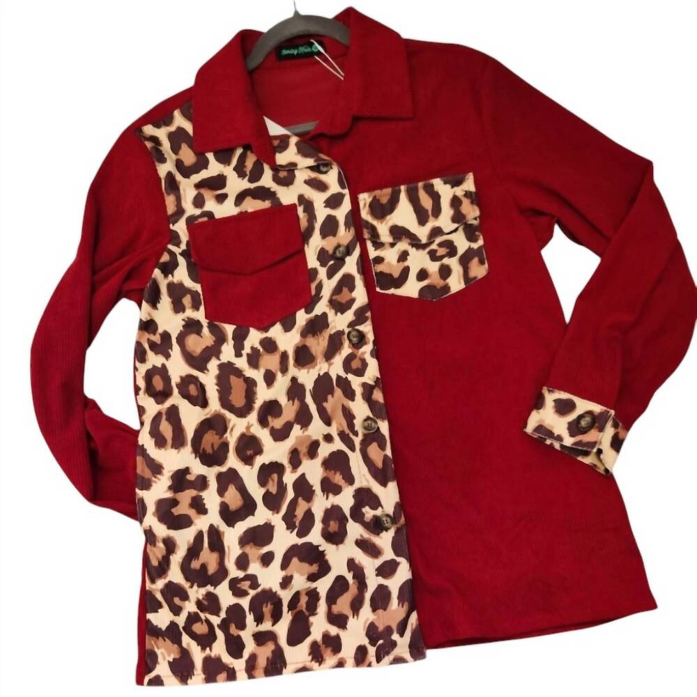 NEW STERLING KREEK women's leopard patchwork shacket in maroon